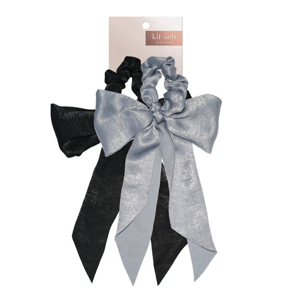 KITSCH - Black/Gray Satin Bow Scarf Scrunchies